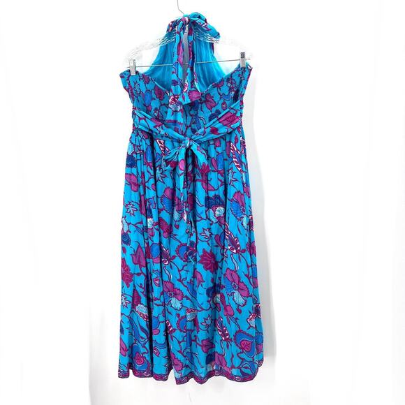 Caroline Constas Turquoise Floral Cotton Criss Cross Halter Maxi Dress Womens XL - Picture 4 of 8